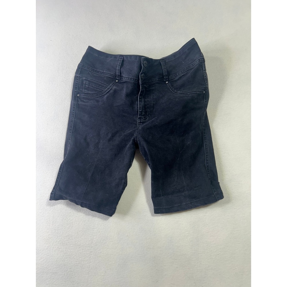 Womens High Waisted Bermuda Denim‎ Shorts Faded Black Double Button 34 Waist